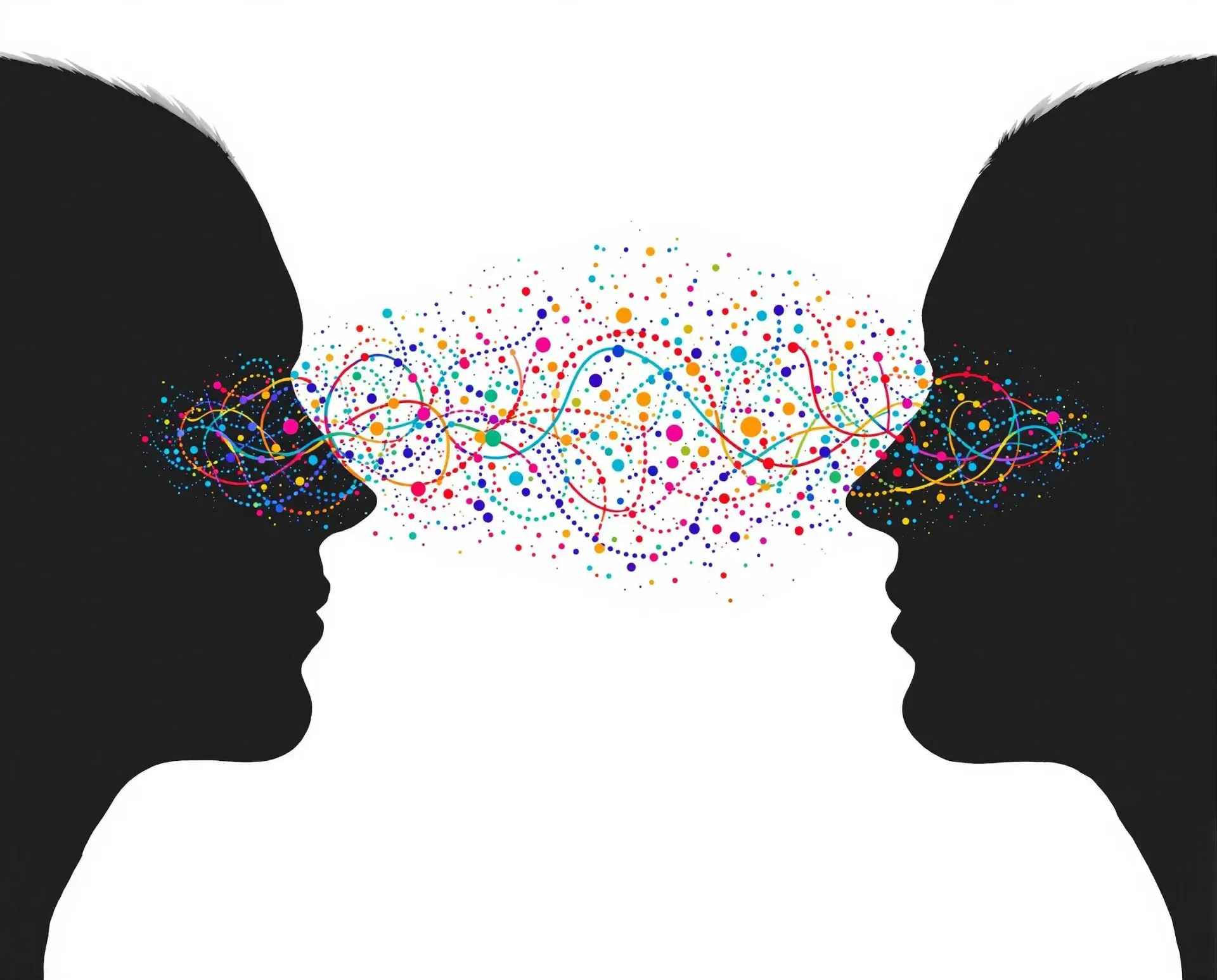 A silhouette of two people talking to each other with colorful dots coming out of their mouths.