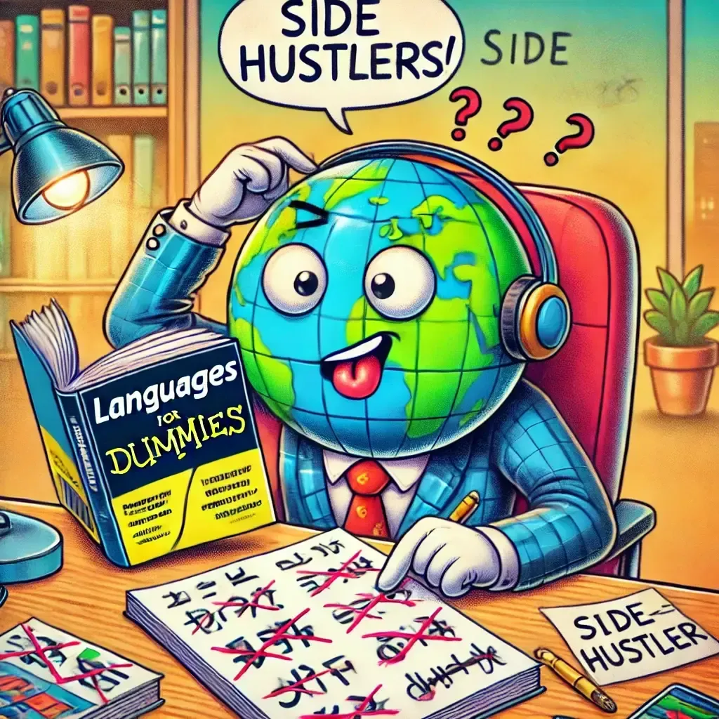 A cartoon of a globe reading a book about languages for dummies.