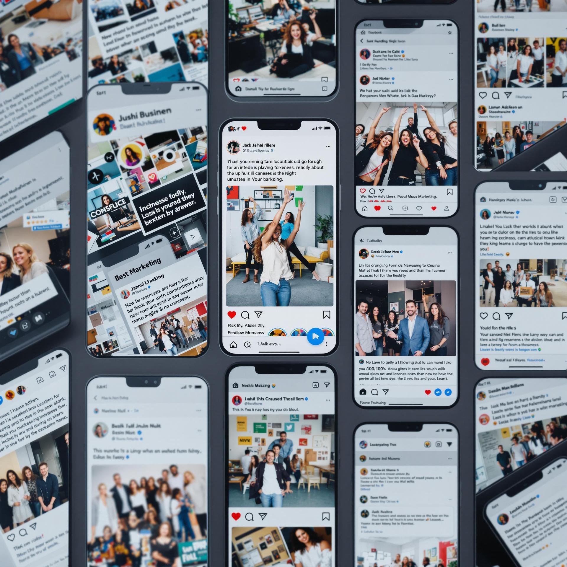 A bunch of cell phones are showing social media screens laying on a table