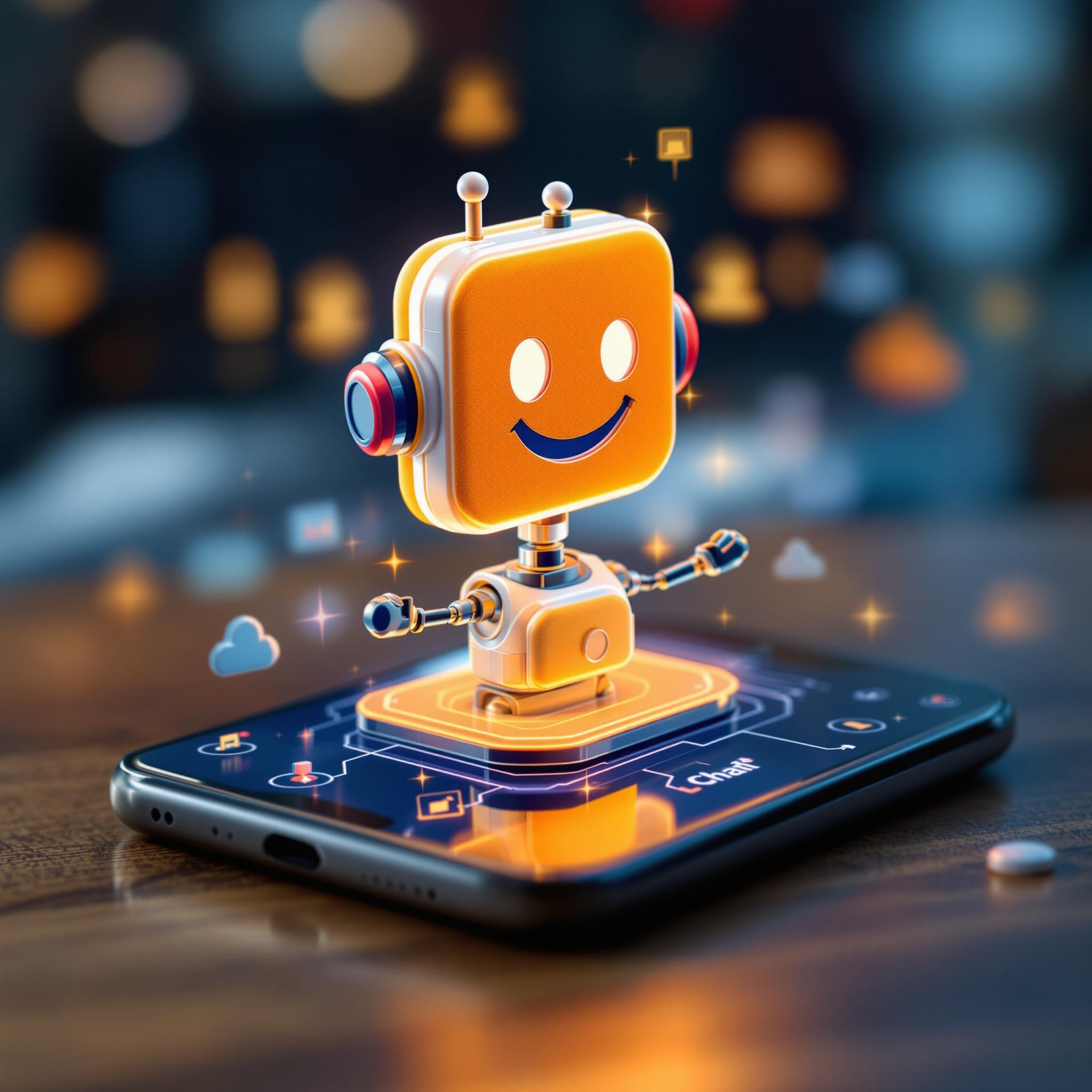 A robot is sitting on top of a cell phone symbolizing a chat bot