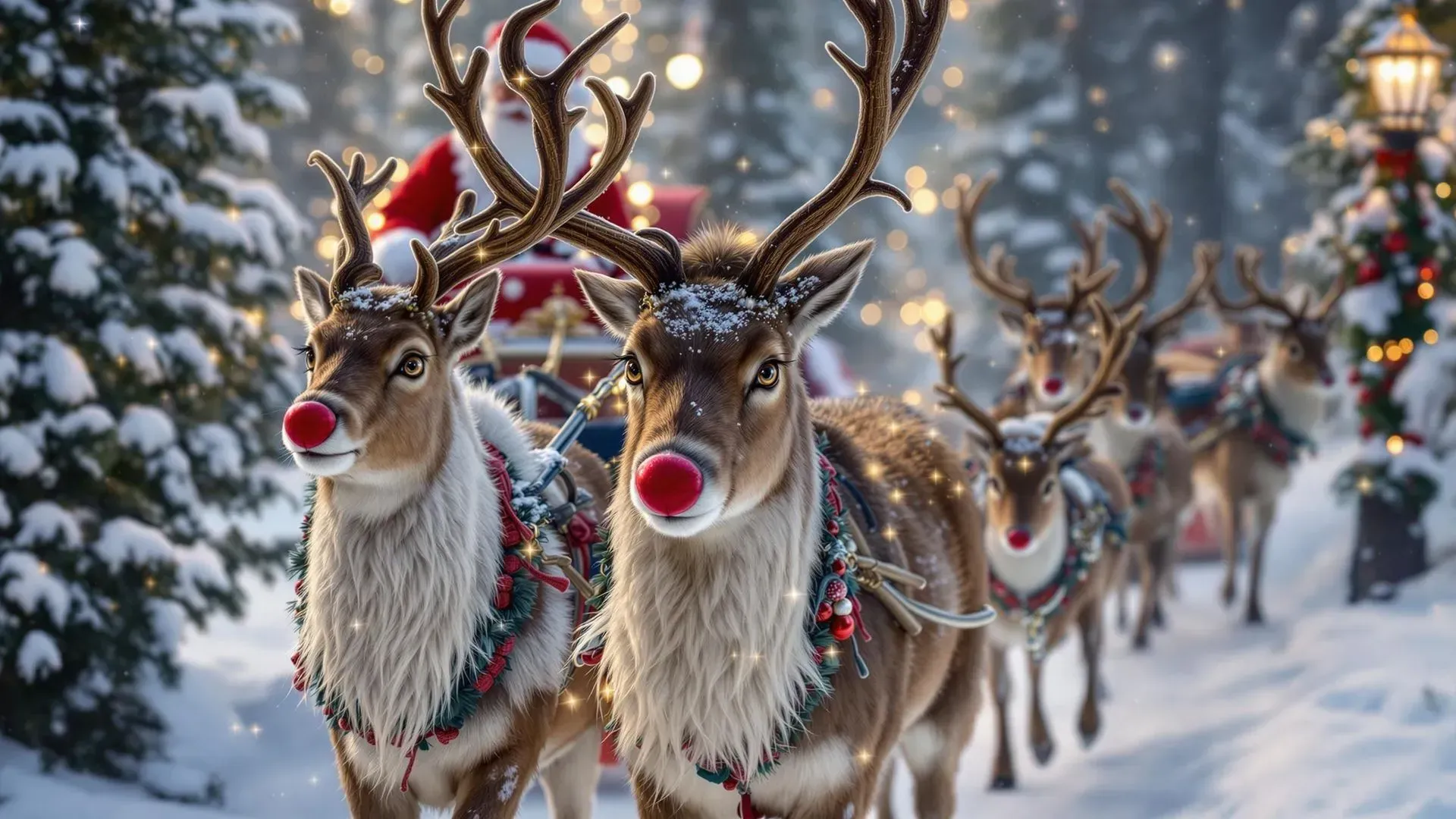 A herd of reindeer pulling a sleigh with Santa Claus in it.