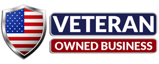A veteran owned business logo with an American flag on a shield.