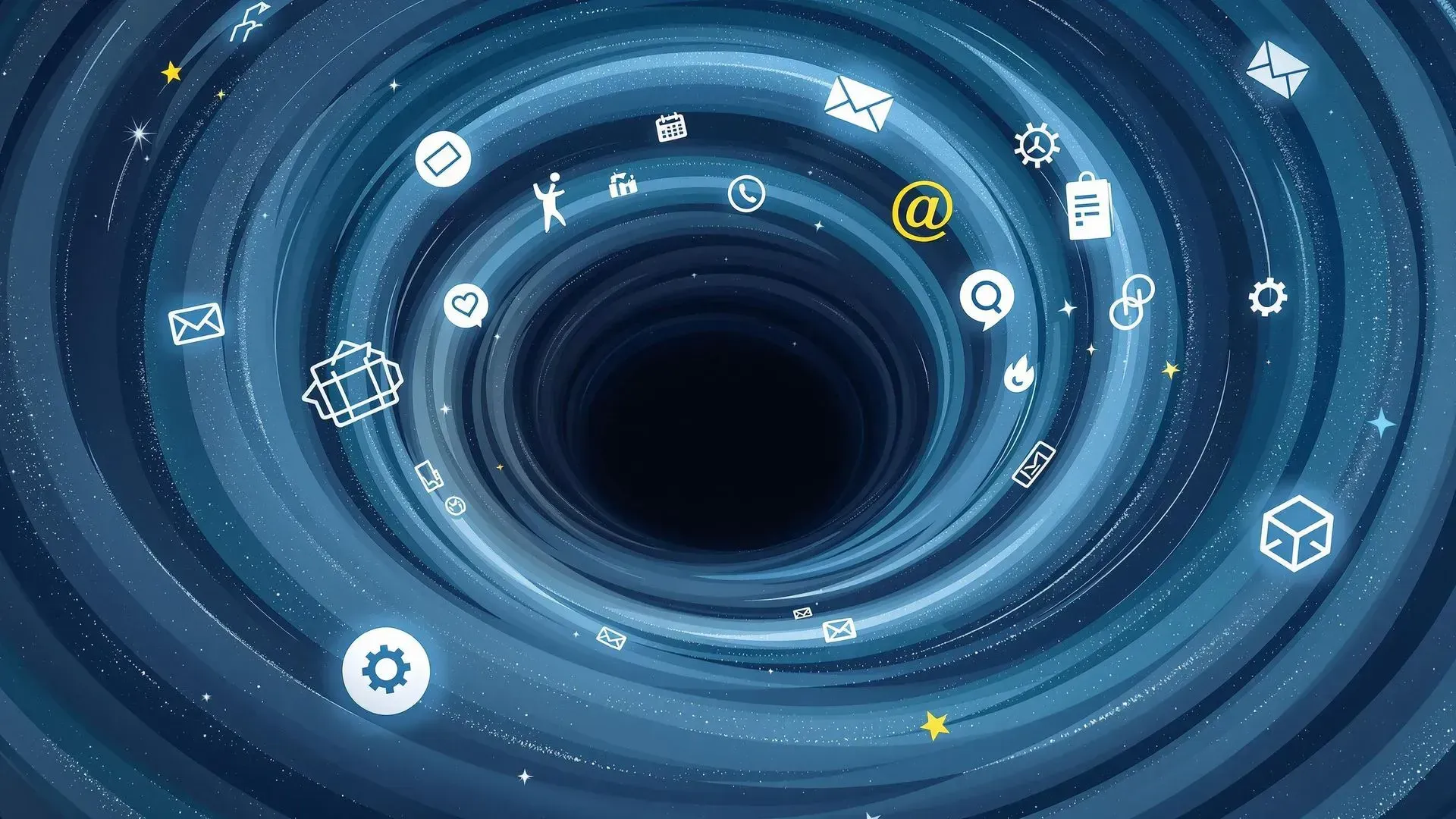 A black hole in space with social media icons coming out of it.