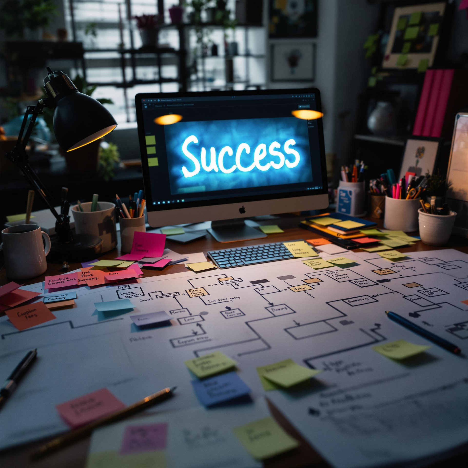 A computer monitor displays the word success on the screen