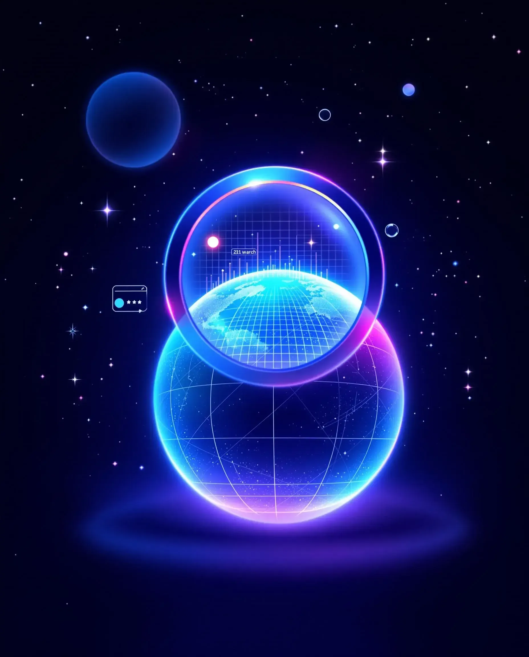 A magnifying lens over half of a digital rendition of the planet earth symbolizing keyword research