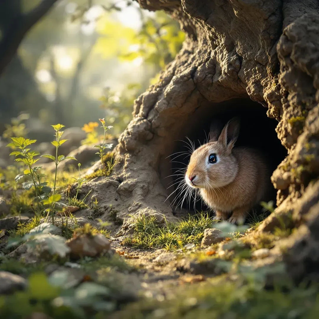 A rabbit is sitting in a hole in a tree trunk.
