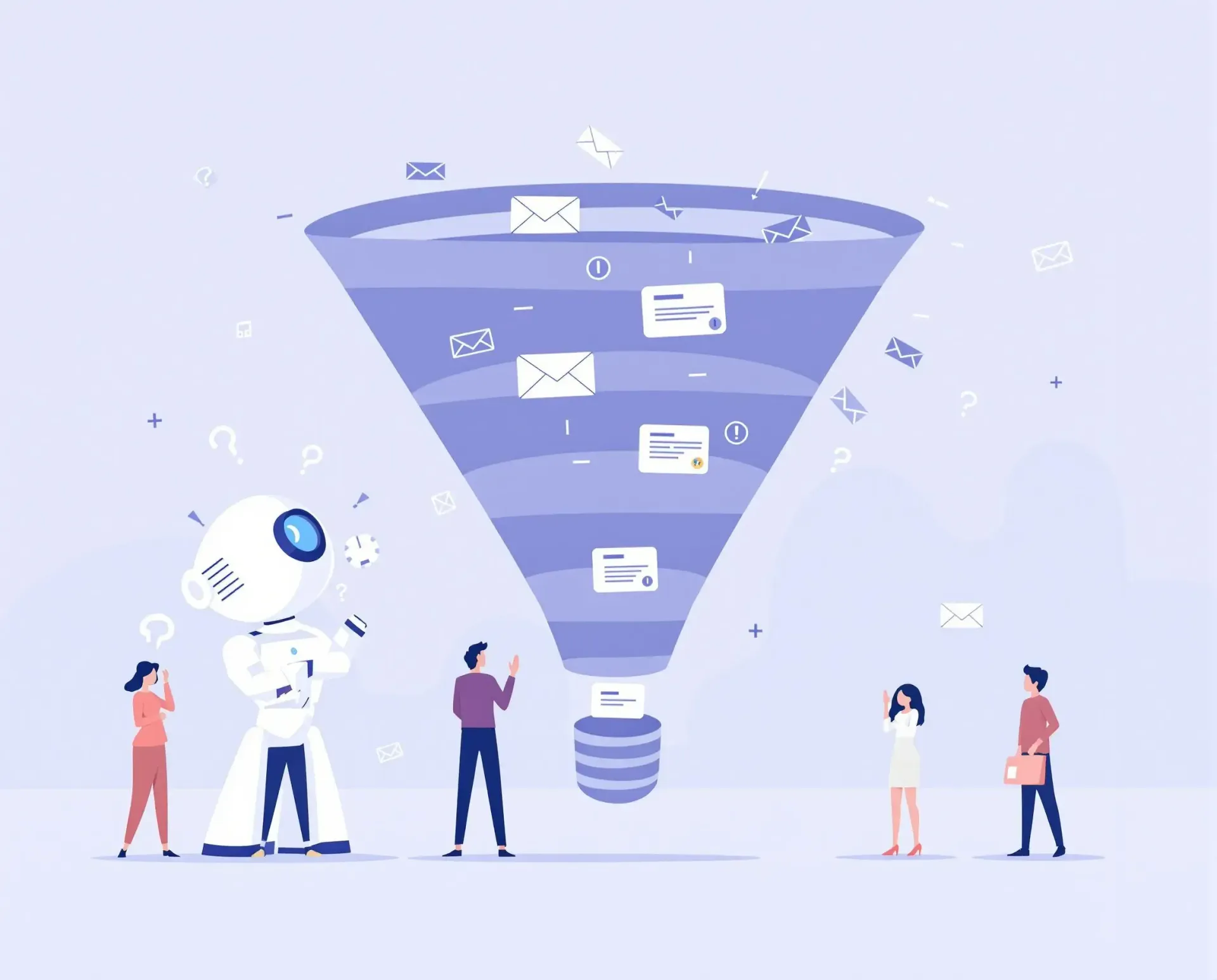 A group of people standing around a sales funnel with a robot coming out of it.