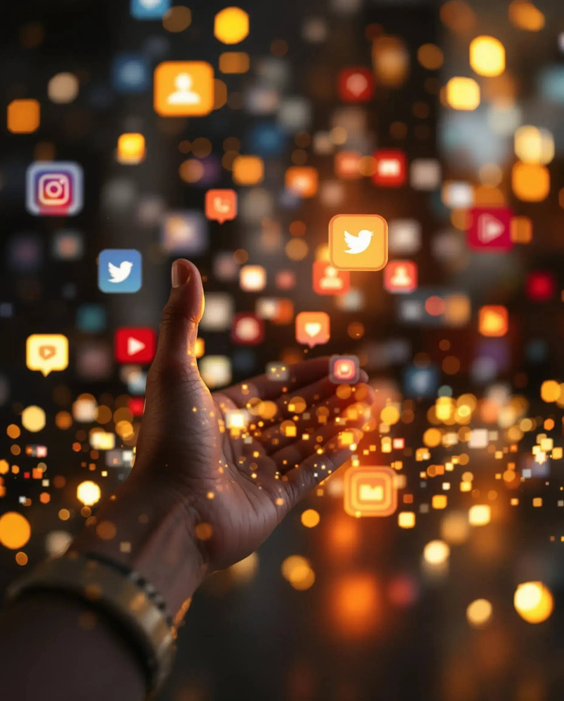 A person is holding something in their hand in front of a bunch of social media icons.