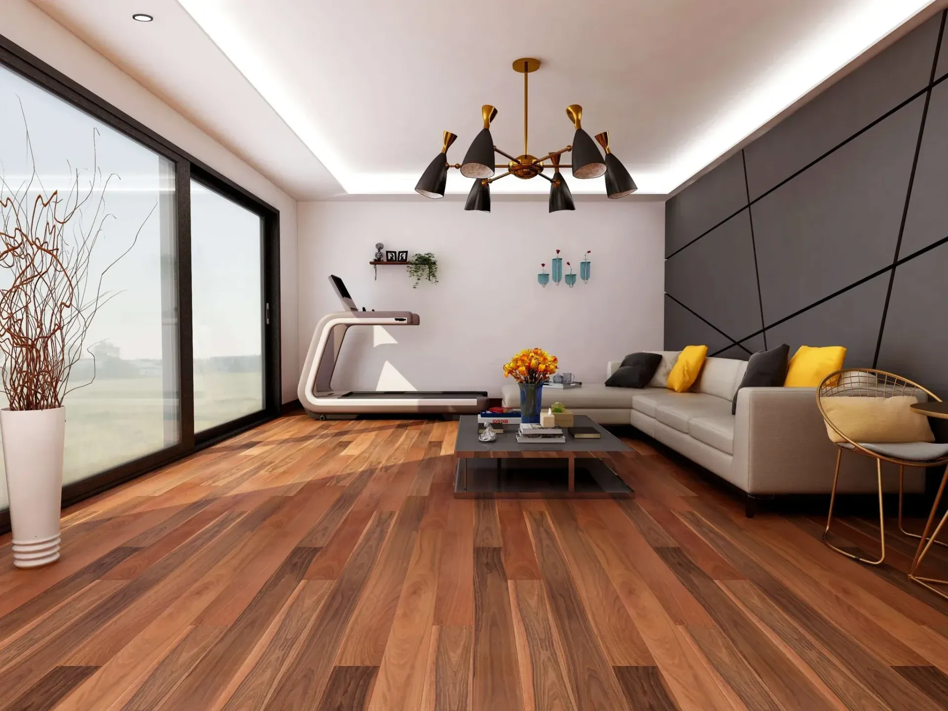 Living Room with Wood Floors, Grey Sofa — Canberra Floor Coverings in Queanbeyan West, NSW