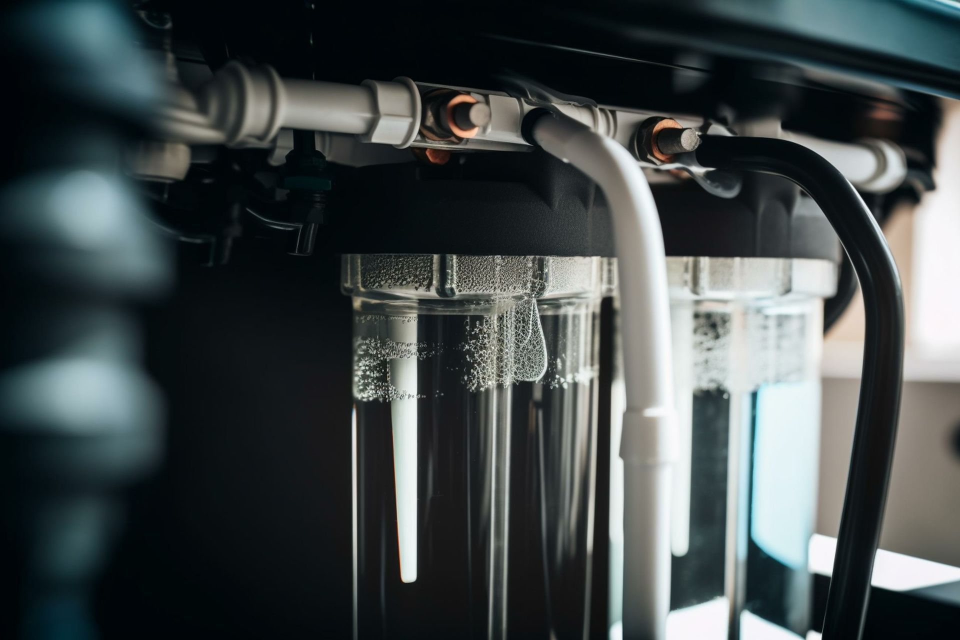 Close-up view of a compact water softening and filtration system