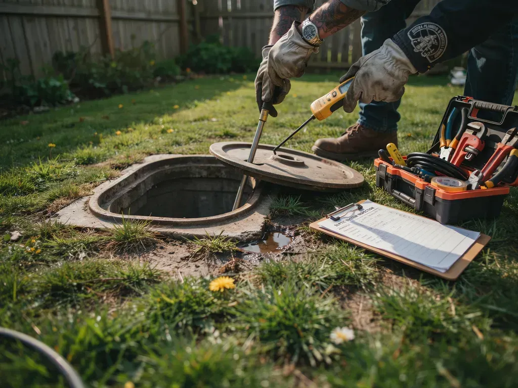 Worker using tools to open a round manhole cover in a grassy yard