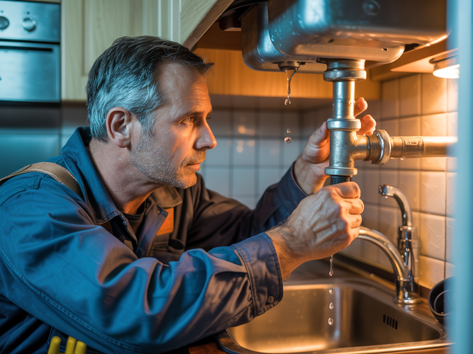 Plumber tightening pipes under a kitchen sink with a wrench in a warmly lit home kitchen