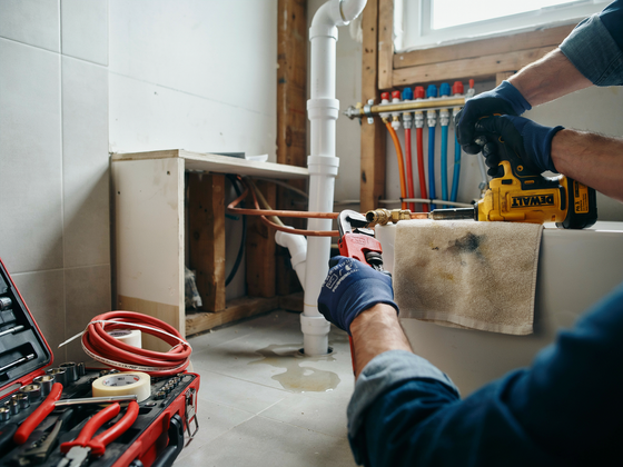Plumber repairing pipes under a sink in a tiled bathroom, with tools on the floor and a yellow drill nearby