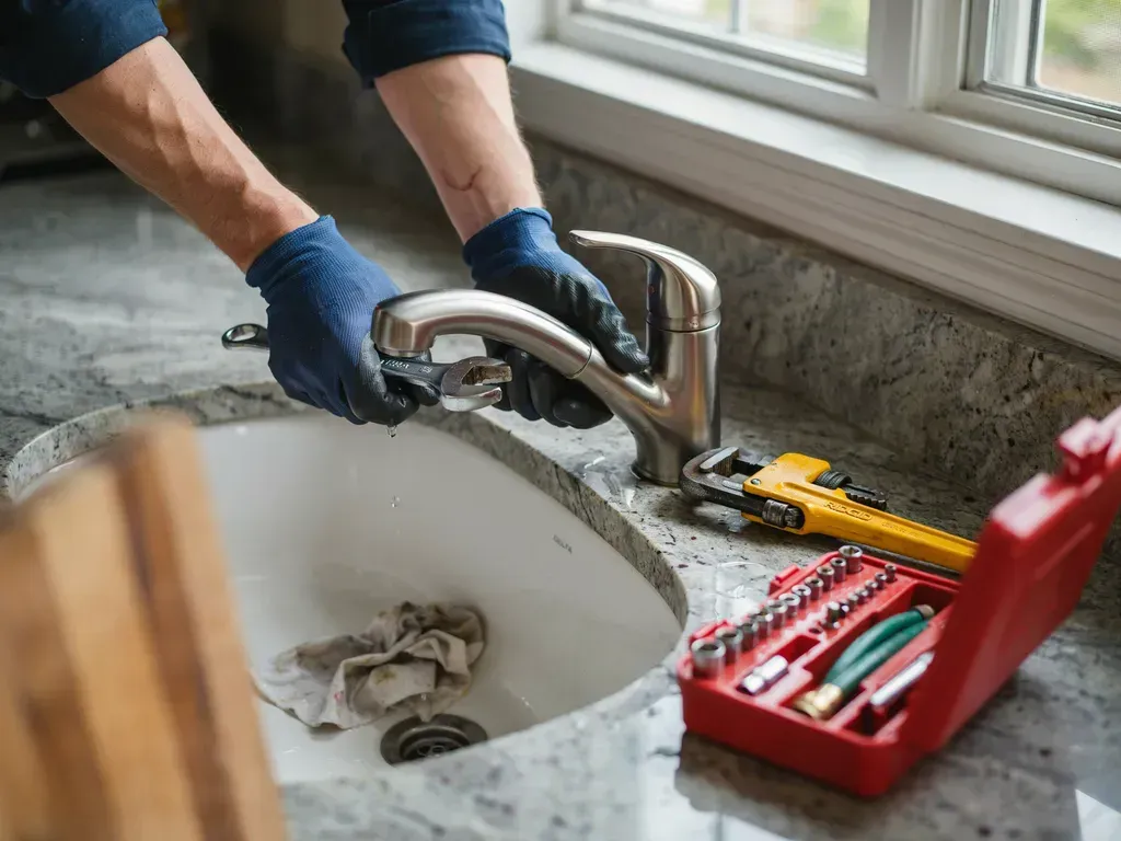 Plumber tightening a bathroom sink faucet with tools in a red toolbox beside a white basin.
