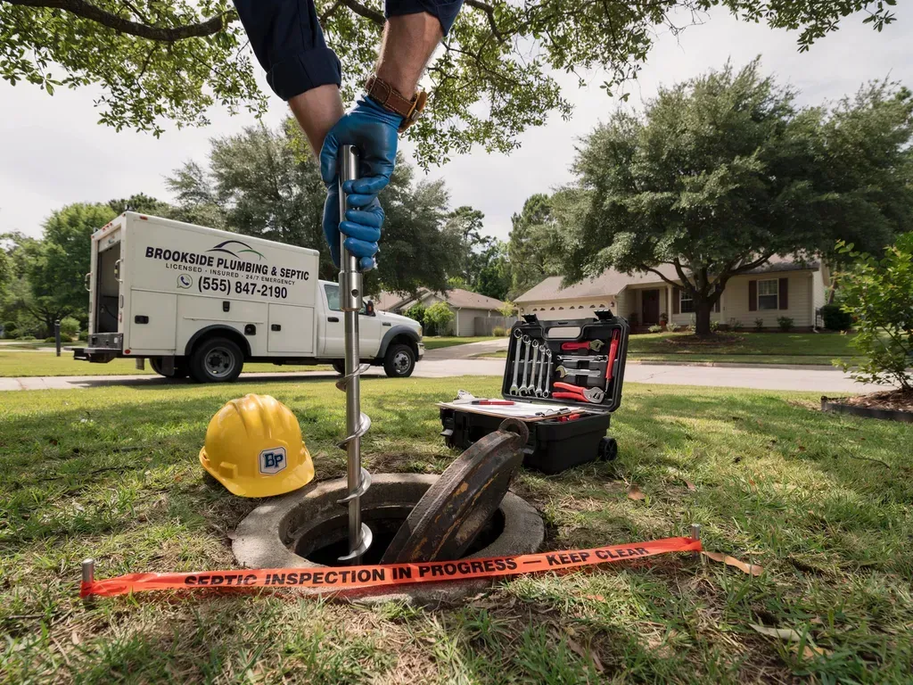 Worker in blue gloves uses a drain rod near a manhole, with a truck and safety gear on a grassy street side.
