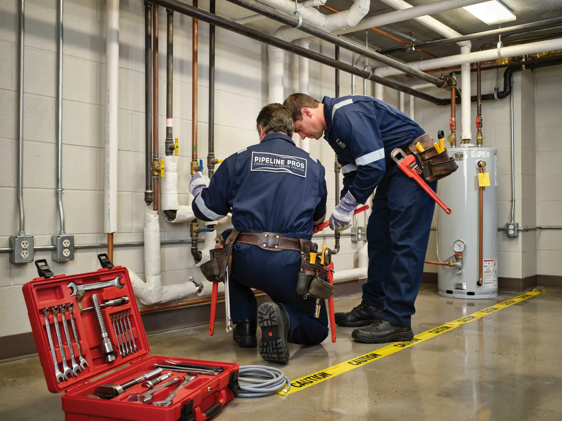 Two workers repairing pipes in a mechanical room, with red toolboxes and yellow caution tape.
