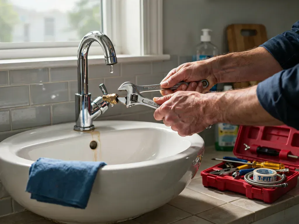 Hands using a wrench to repair a bathroom faucet beside a white sink and red tool case.