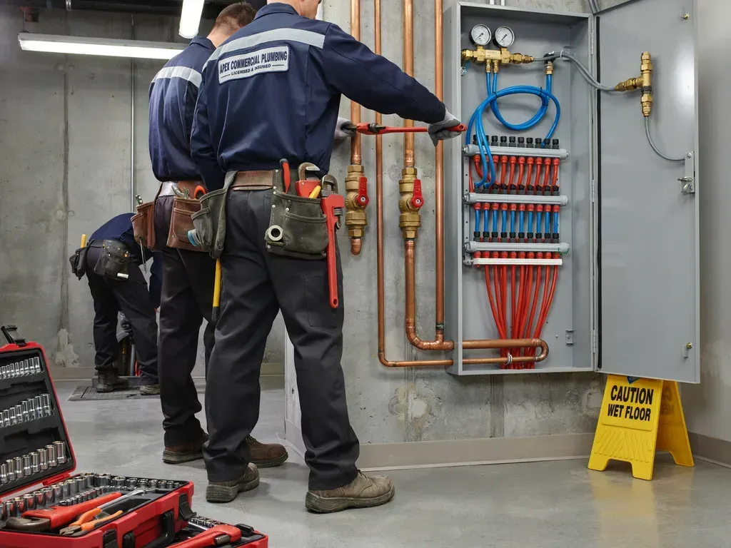 Technicians inspecting copper pipes and electrical wiring in a utility room with a yellow wet floor sign