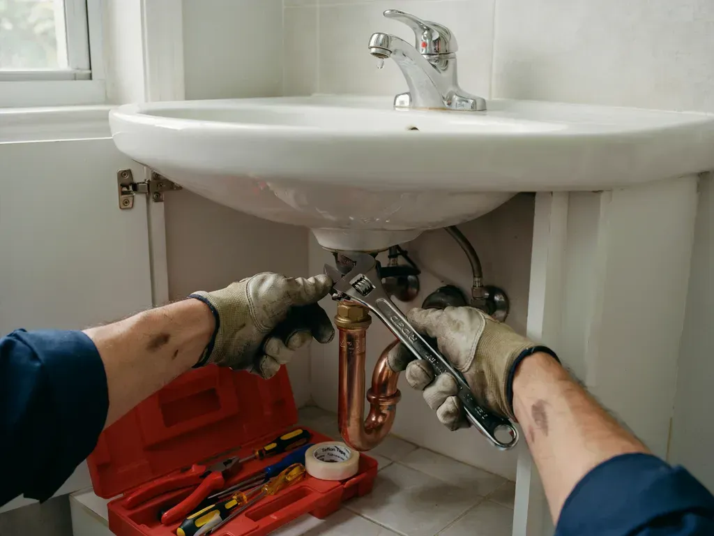 Plumber repairing sink plumbing under a bathroom basin with tools laid out nearby.
