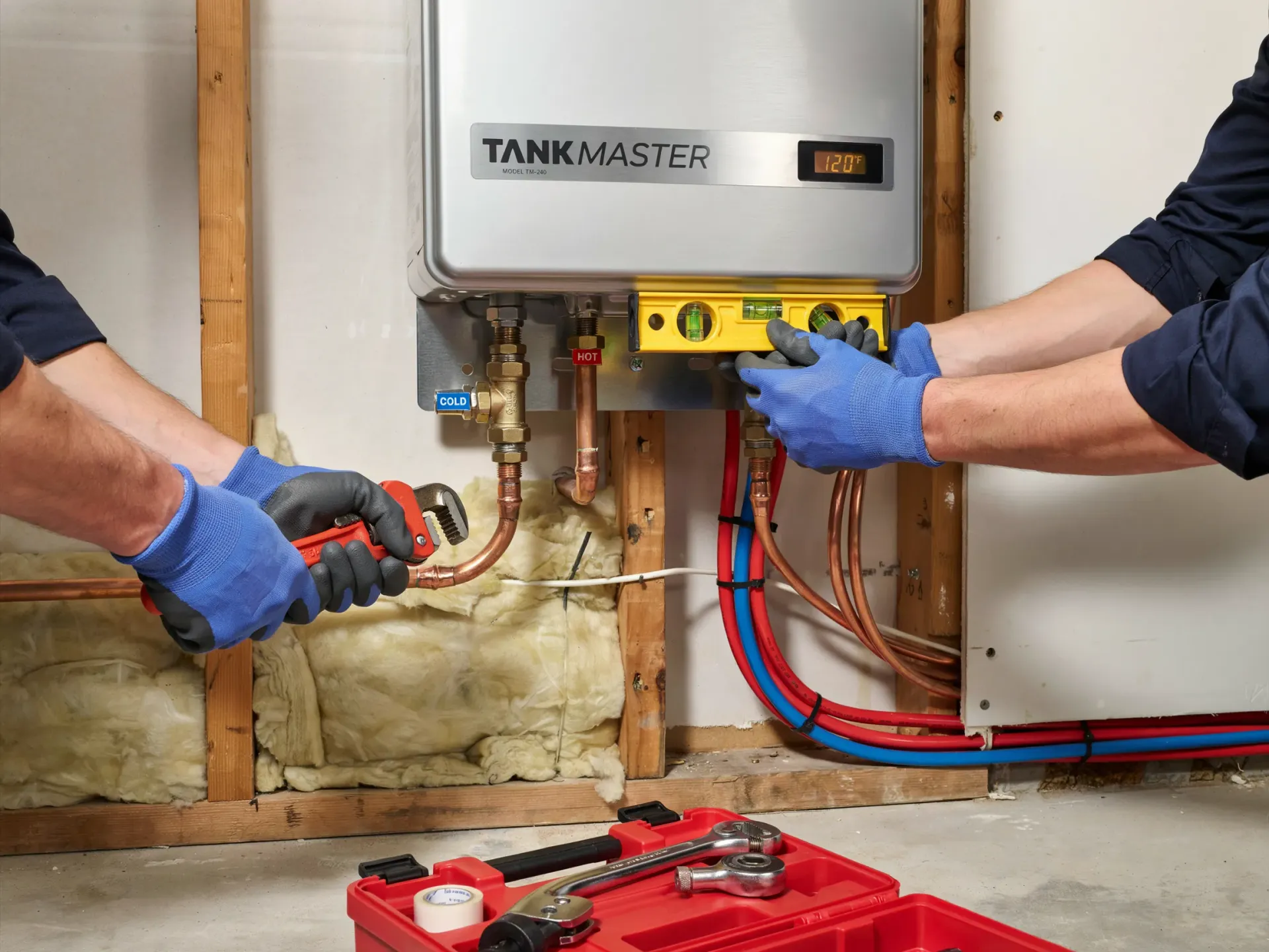 Technician installing a wall-mounted boiler with exposed pipes in a basement-like utility room