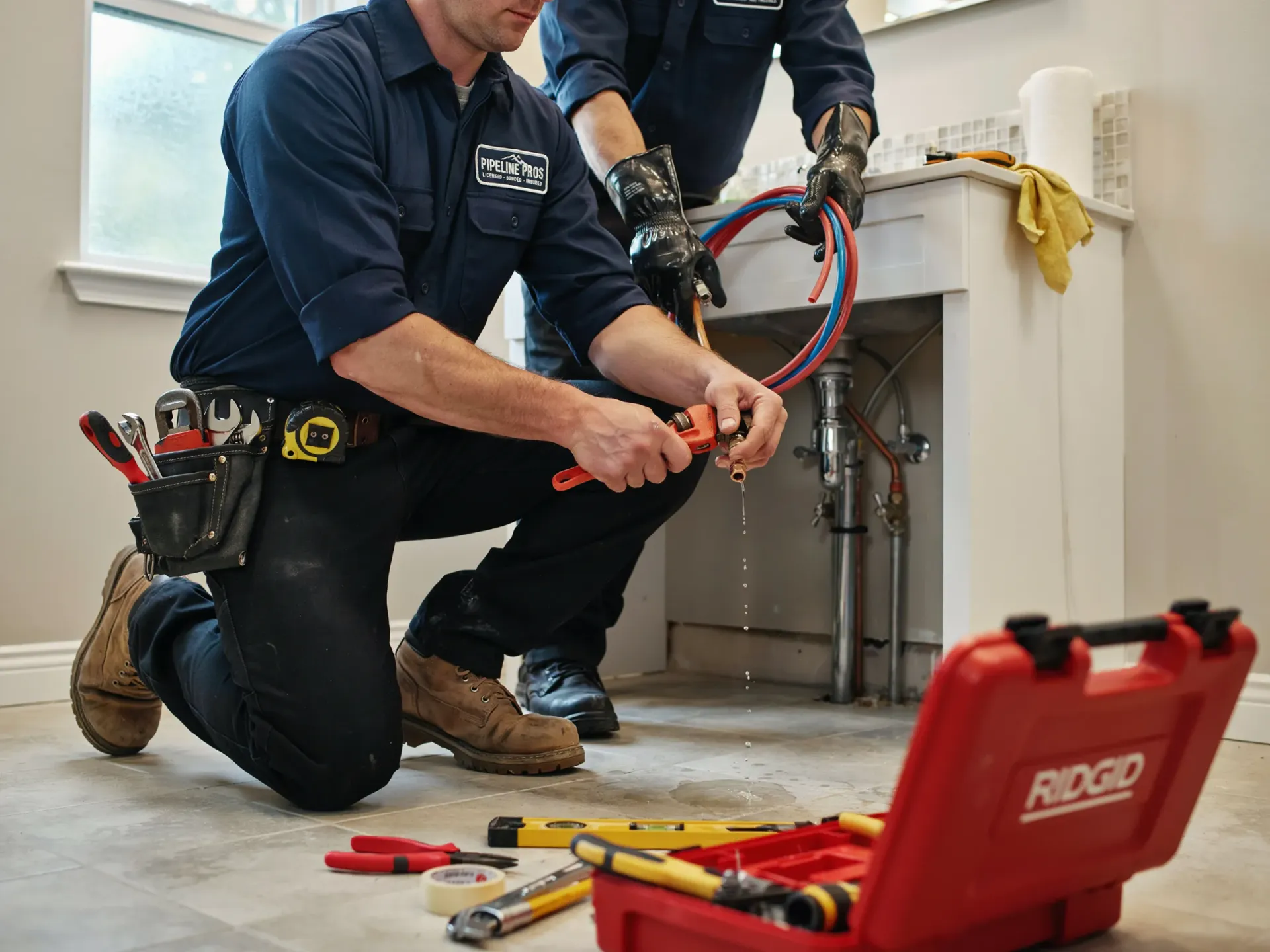 Two plumbers repairing a pipe under a sink, with tools and a red RIDGID case on the floor.