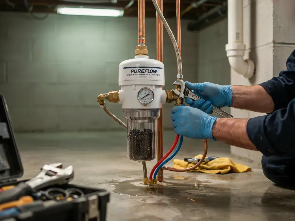 Technician in blue gloves adjusting a white industrial water filter in a basement utility room