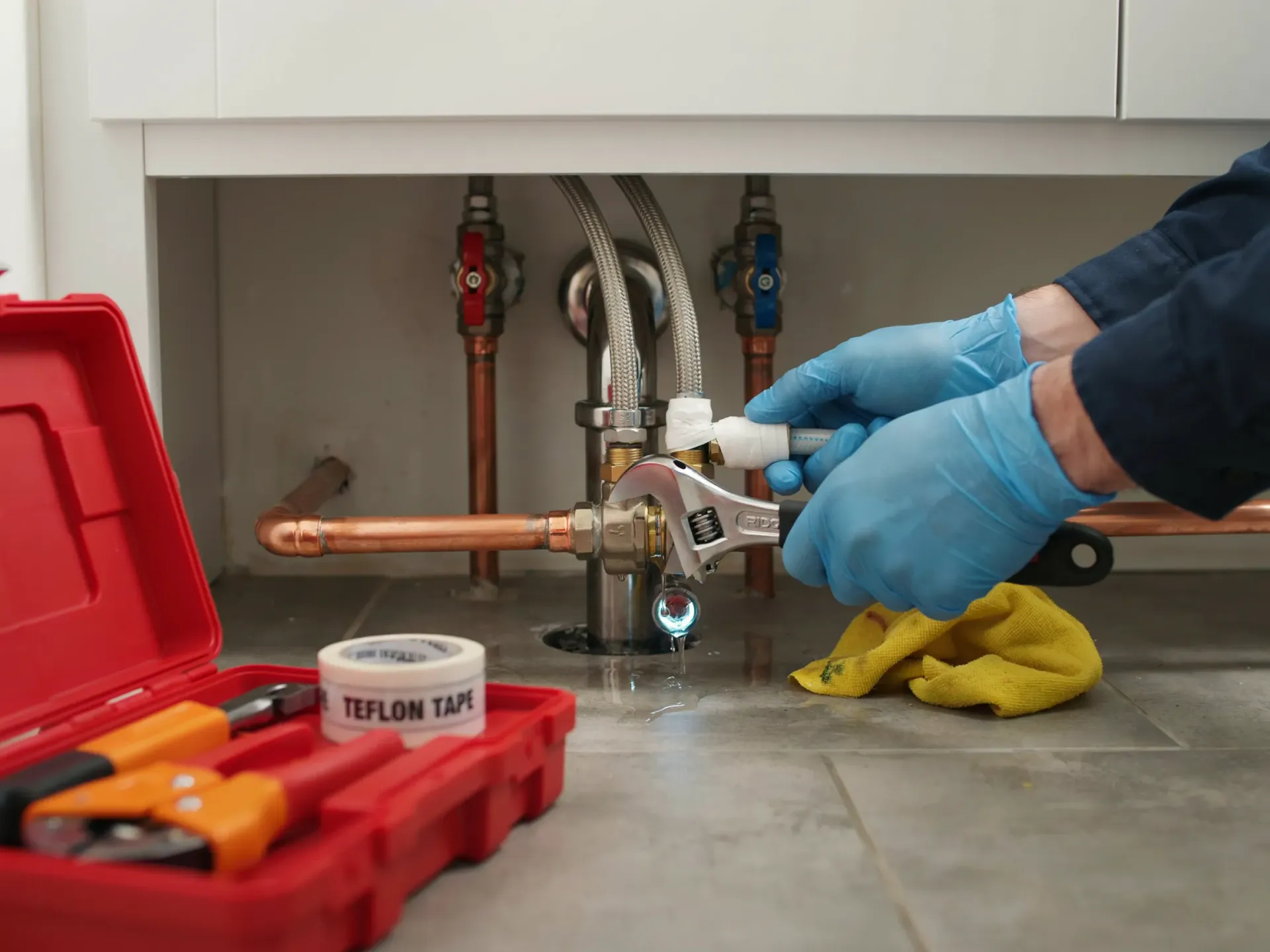 Plumber in blue gloves repairing a copper pipe under a sink with tools nearby