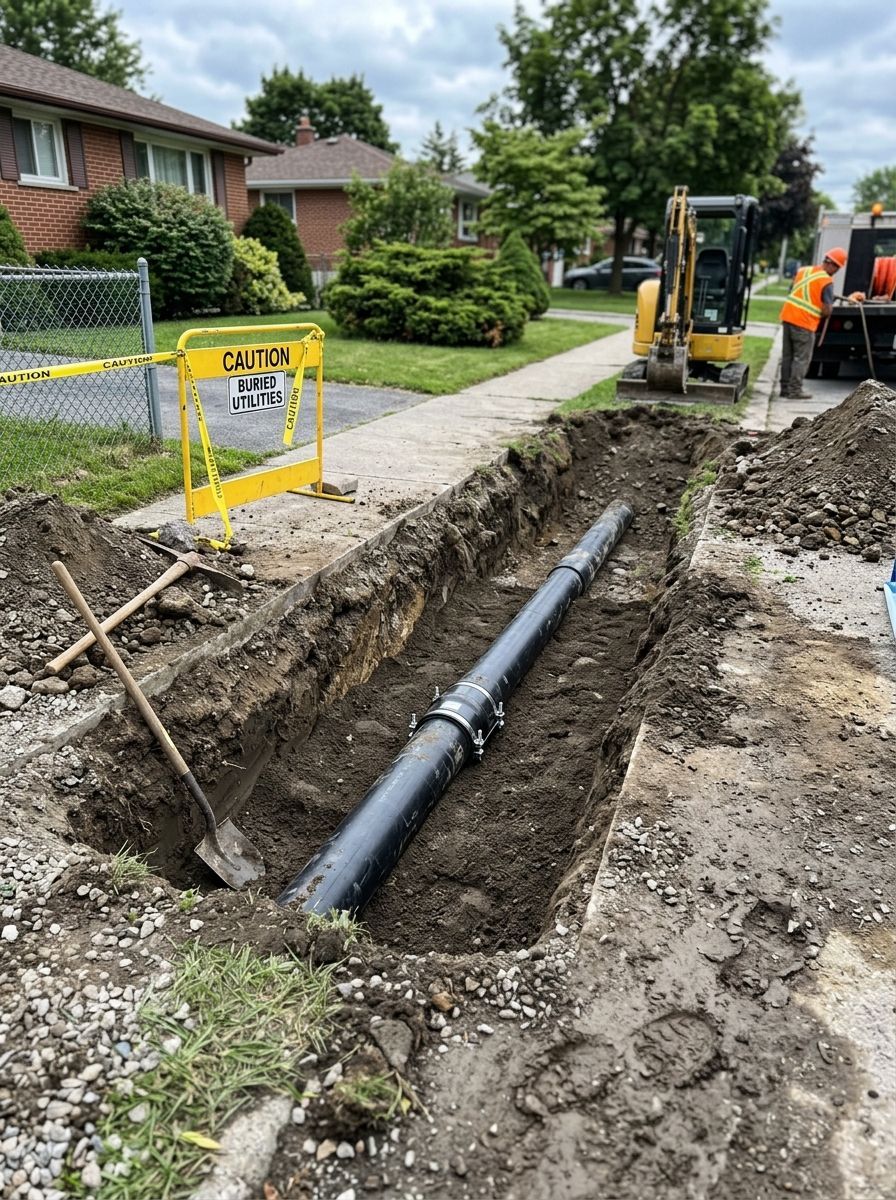 Roadwork crew exposing a black pipe in a trench beside a residential sidewalk, with a yellow barrier nearby