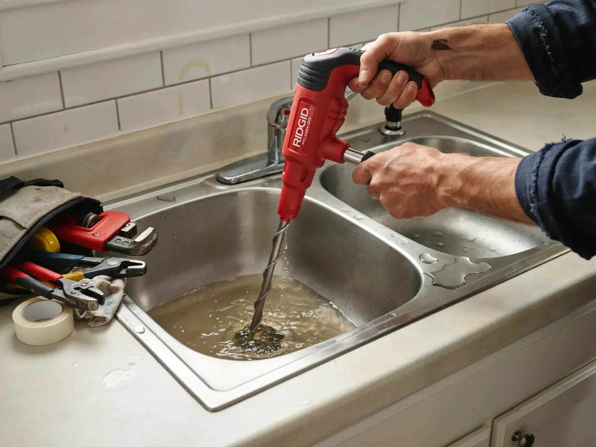 Person using a red power drill to mix water in a kitchen sink, with tools on the counter.
