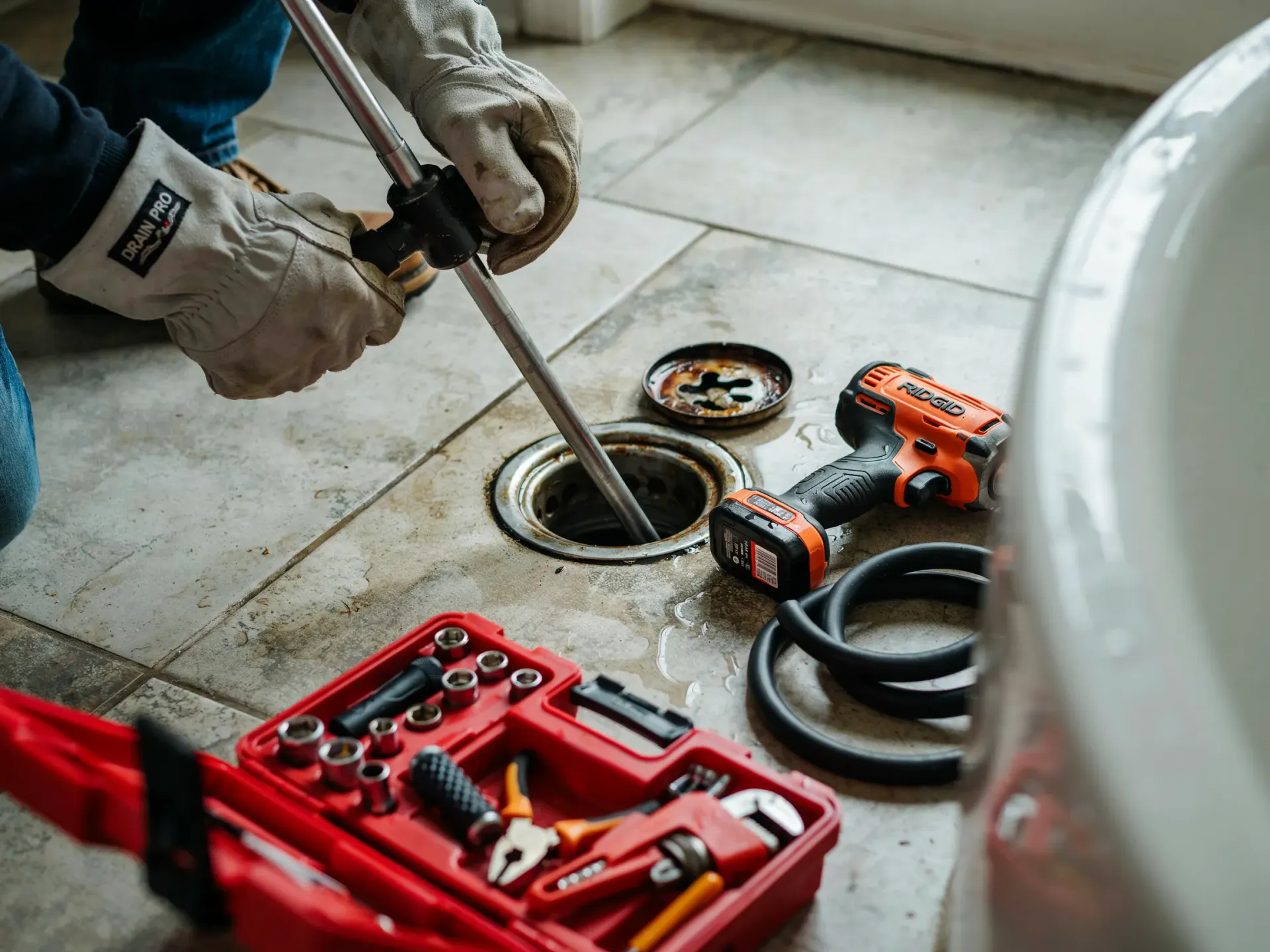 Plumber using a wrench to unclog a floor drain beside red and orange toolboxes in a tiled bathroom