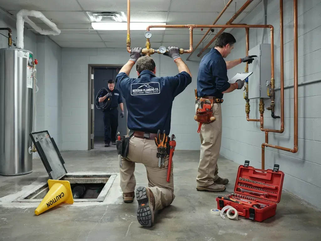 Technicians inspecting exposed plumbing in a utility room, with tools, pipes, and open floor access panels.