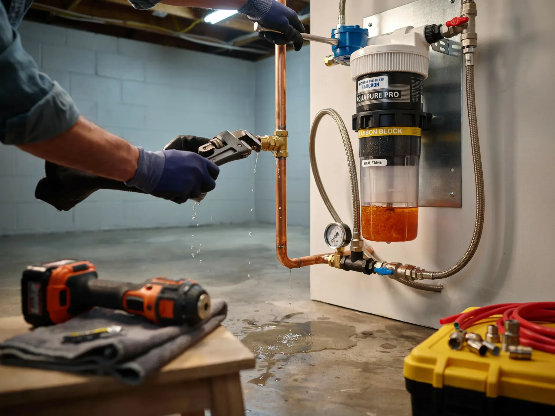 Worker using a wrench to install copper plumbing pipes beside a water heater in a basement.