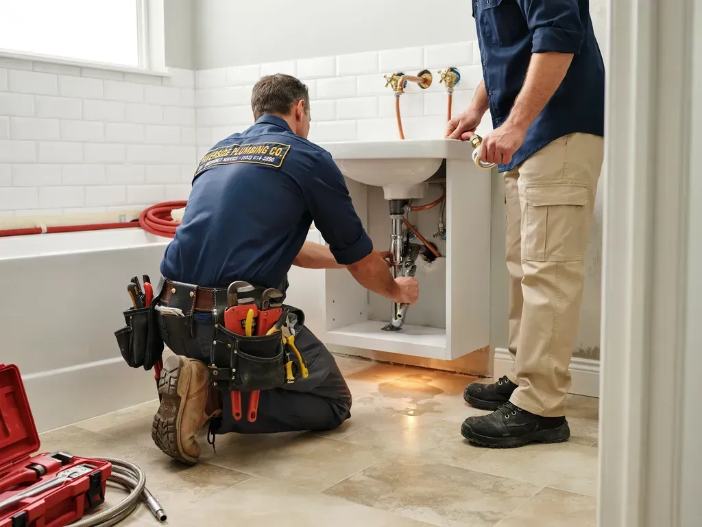 Two plumbers repairing a sink cabinet in a tiled bathroom, with tools scattered on the floor.