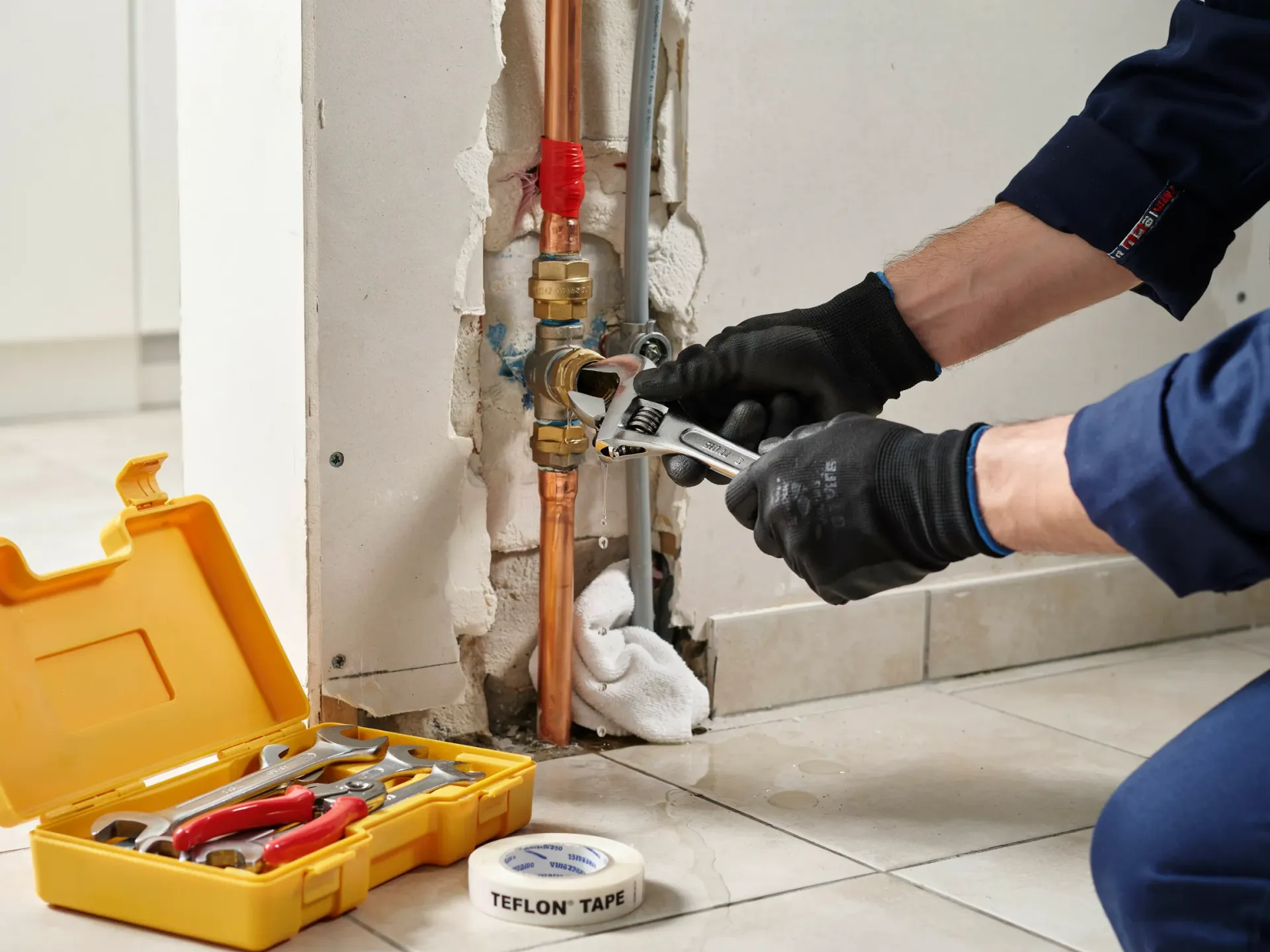 Gloved worker uses pliers to repair exposed plumbing beside an open yellow toolbox.