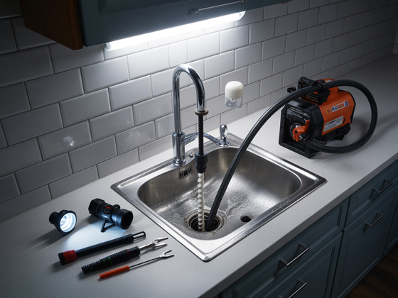 Worklight-lit kitchen sink with tools and a machine connected by a hose to the drain