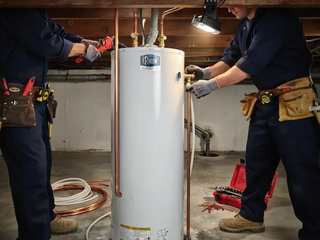 Two plumbers installing a white water heater in a basement, with tools and hoses nearby