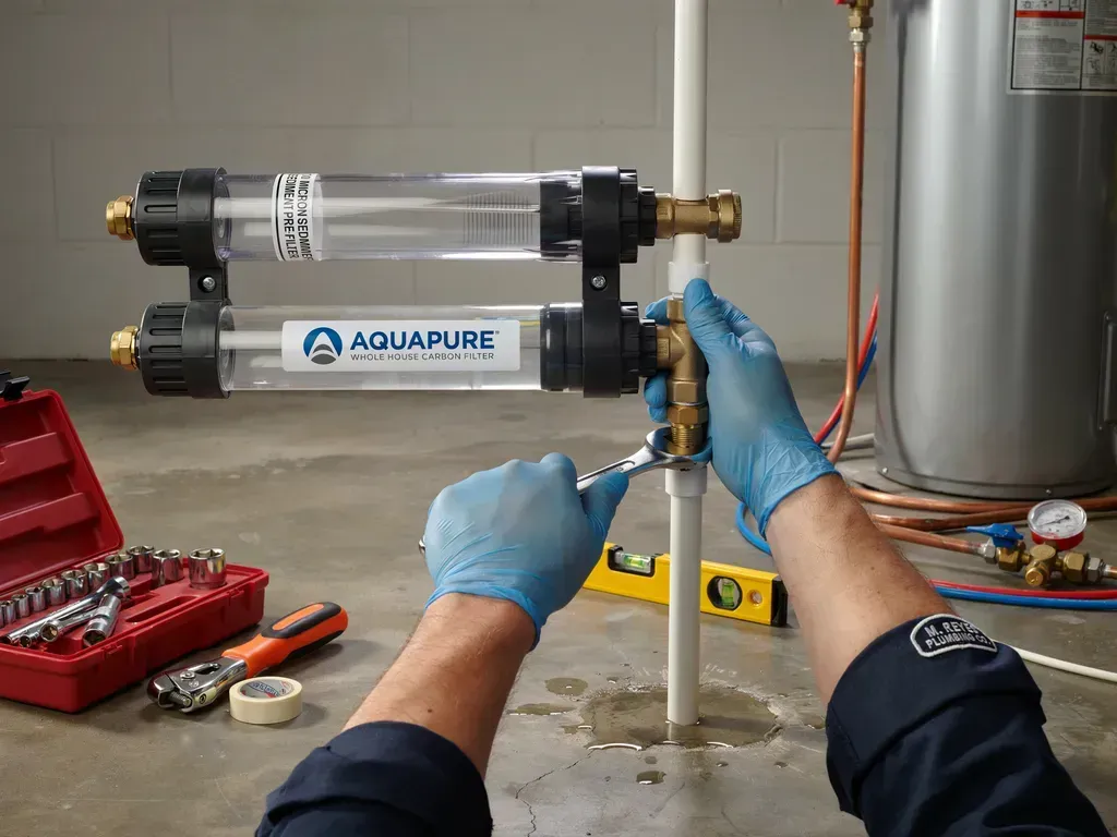Gloved hands install a clear water filter on a pipe in a workshop, with tools nearby.