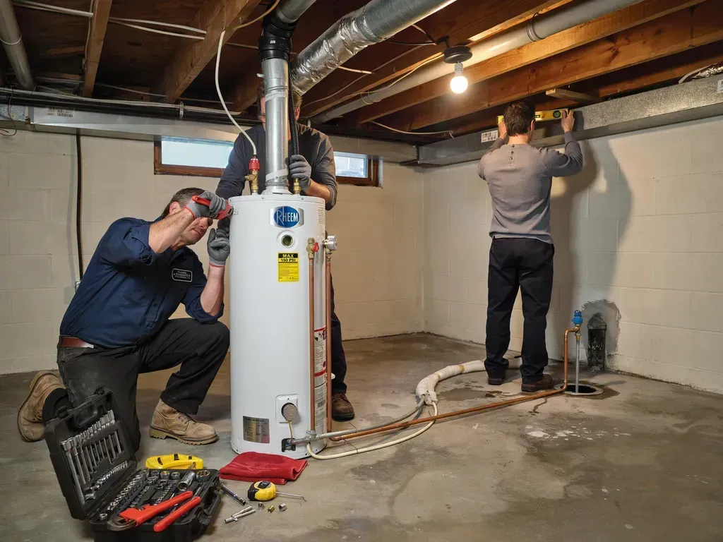 Two workers installing equipment in a basement, with one kneeling by a water heater and another near the wall.