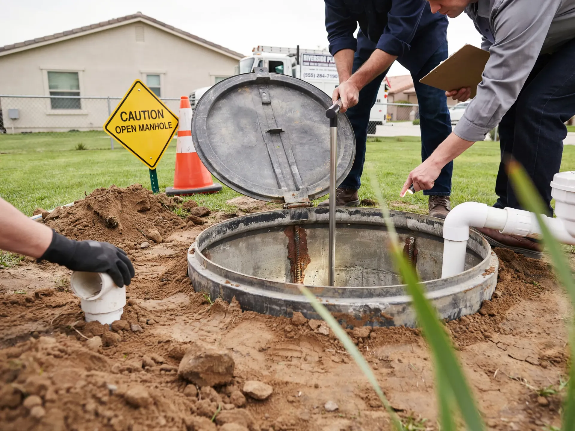 Workers opening a sewer manhole in a muddy yard near a house and caution sign