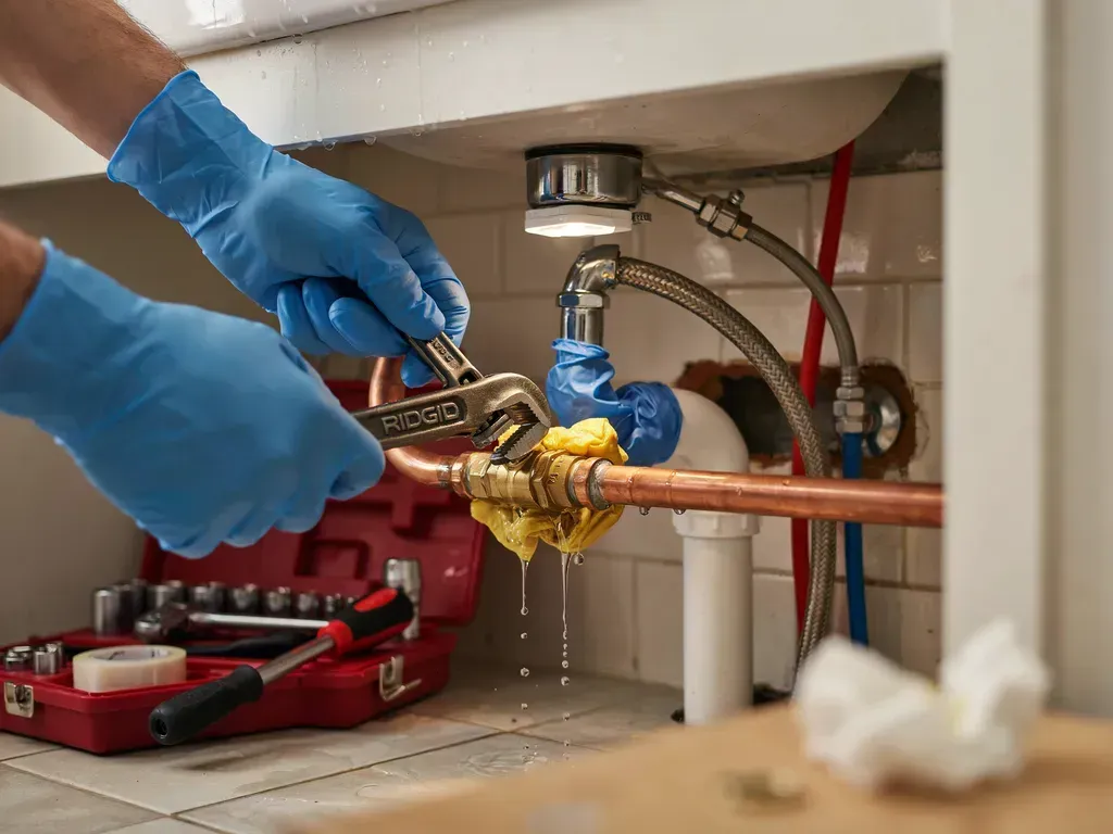 Blue-gloved hands using a tool to repair a leaking brass pipe valve under a sink