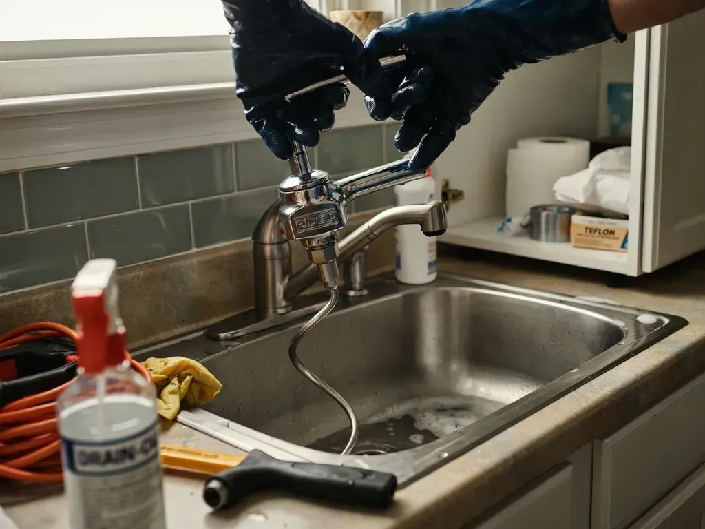 Gloved hands adjusting a faucet over a stainless steel sink in a kitchen.