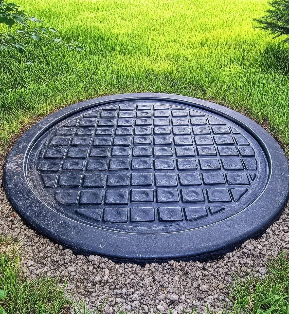 Round black utility cover in grass and gravel near a path