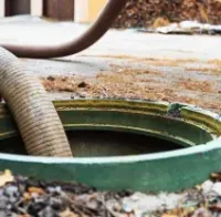 Flexible hose entering a green underground tank opening on a leaf-covered surface