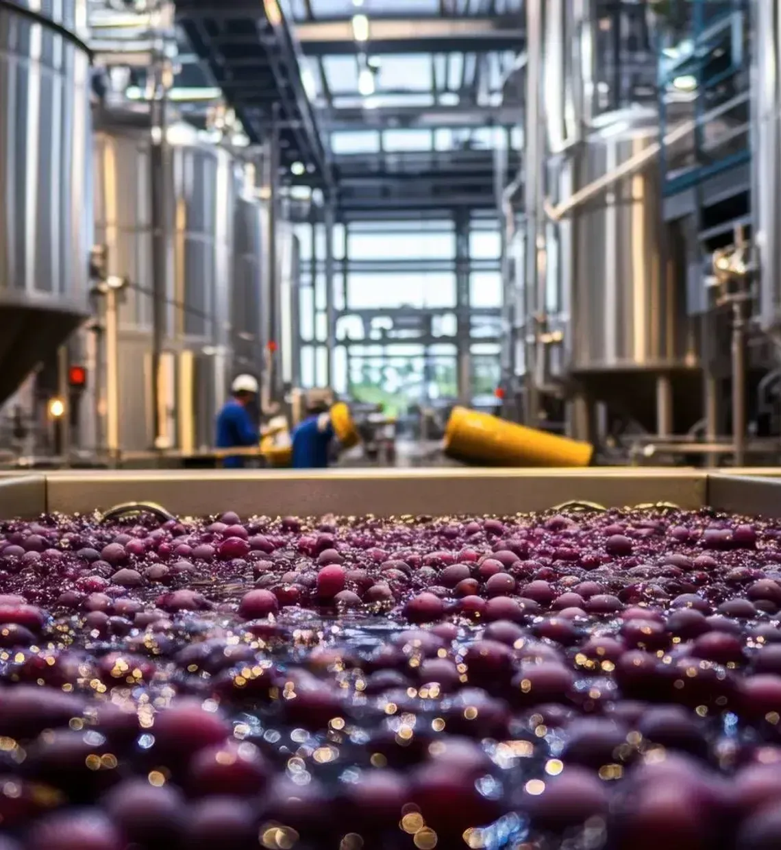 Wine grapes on a production floor in a stainless steel winery, with workers in the background