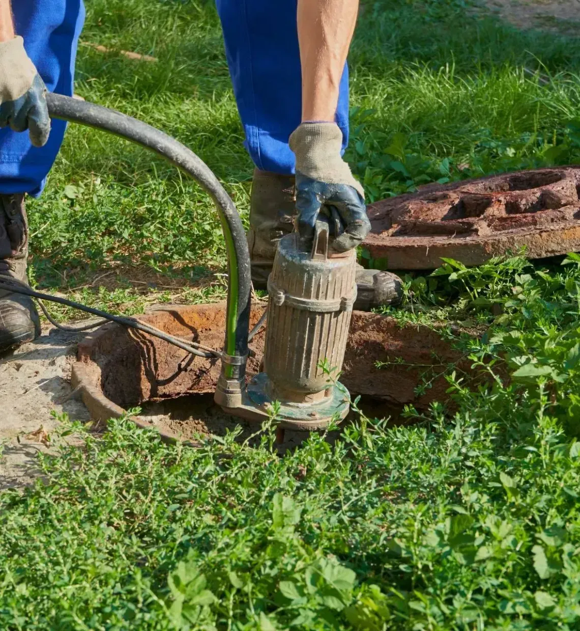 Worker pumping water from a metal well in a grassy outdoor area