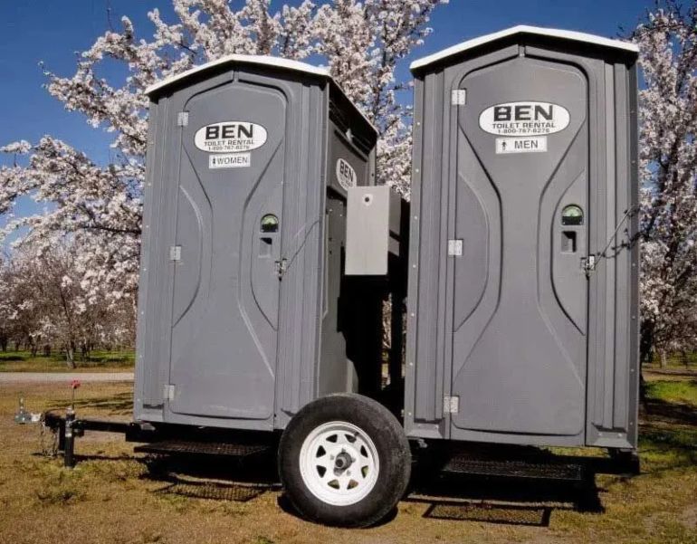 High-end restroom trailer with lighting at an upscale event in Chico, CA