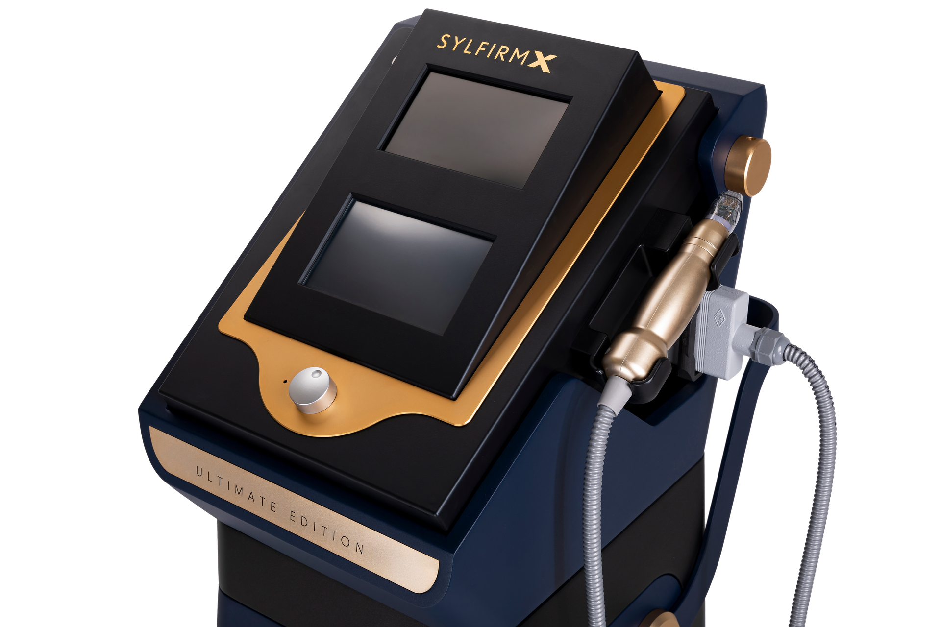 A black and gold device with a screen and a cord