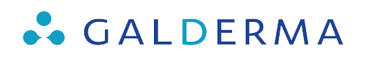 Galderma logo, blue dots graphic on the left, and Galderma written in blue letters. The