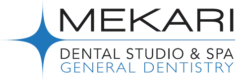 Logo for Mekari Dental Studio & Spa. Features a blue starburst, the name, and service information.