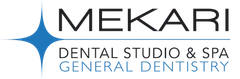 Logo for Mekari Dental Studio & Spa. Features a blue starburst, the name, and service information.